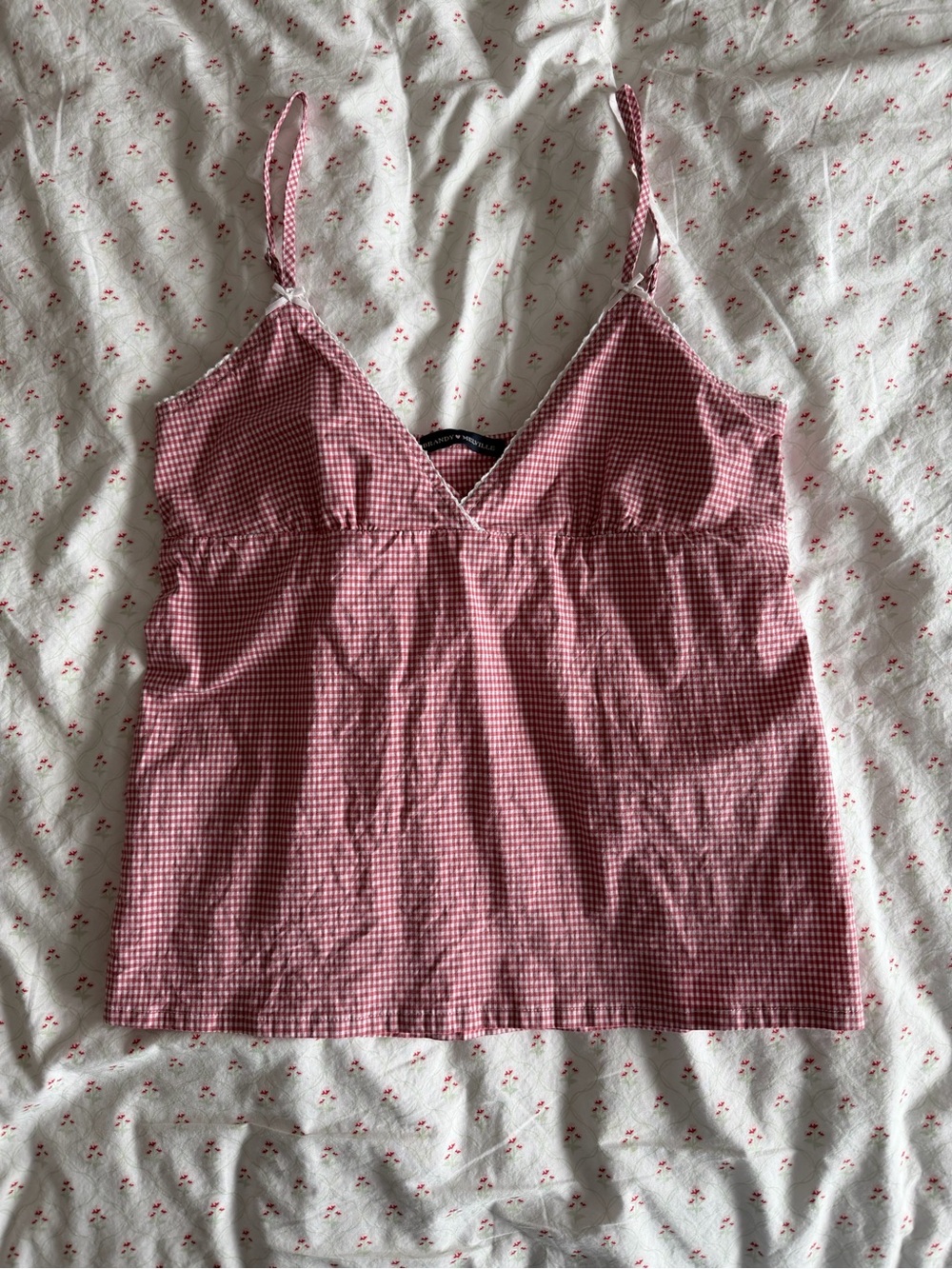 Red and White Gingham V-Neck Spaghetti Strap Women’s Top